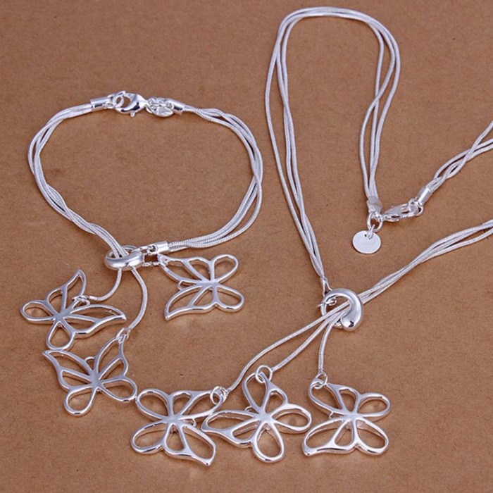 SS158 Silver 3Chain Butterfly Bracelet Necklace Jewelry Sets