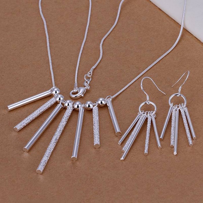 SS159 Silver 7 Bar Earrings Necklace Jewelry Sets