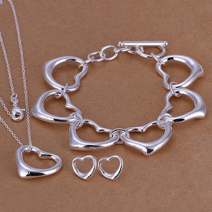 SS167 Silver Heart Bracelet Earrings Necklace Jewelry Sets