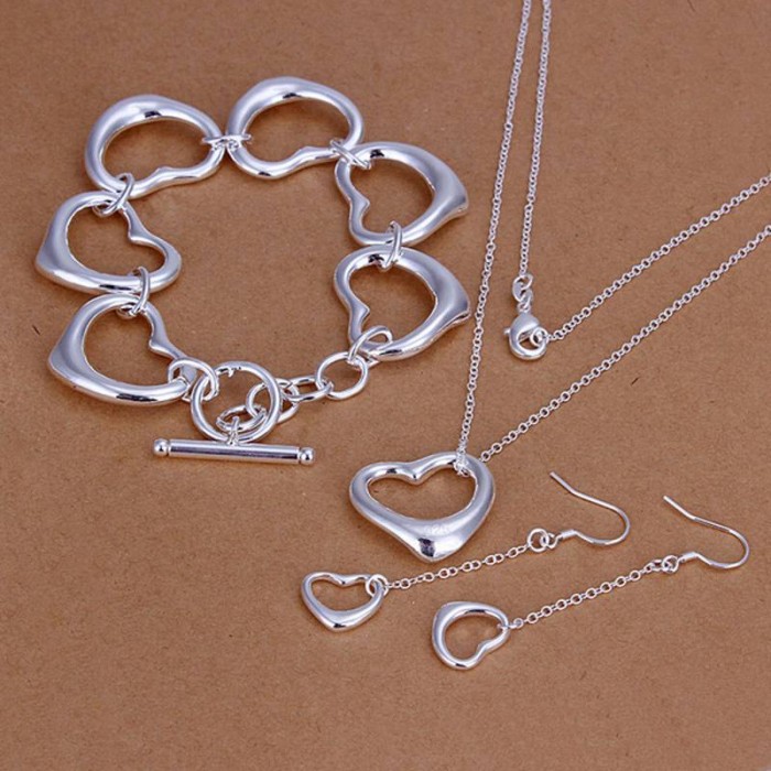 SS168 Silver Heart Bracelet Earrings Necklace Jewelry Sets