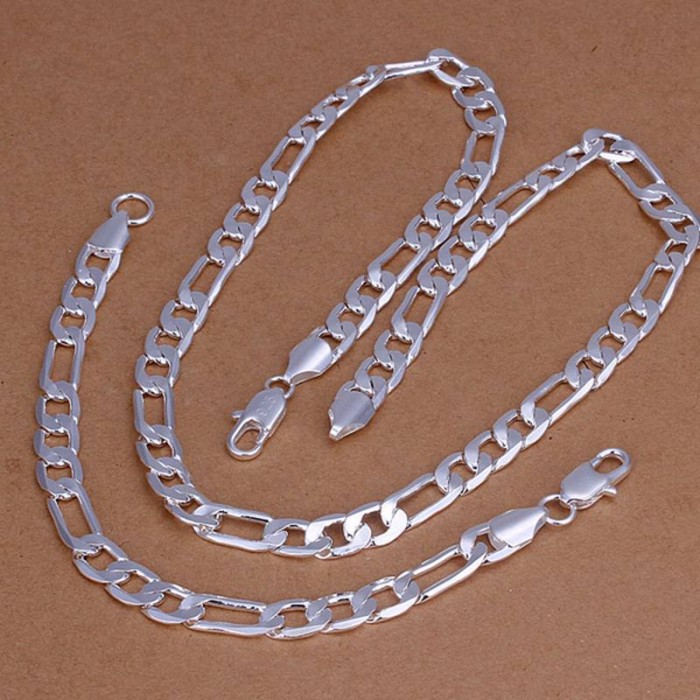 SS169 Silver 8MM Chain Bracelet Necklace Men Jewelry Sets