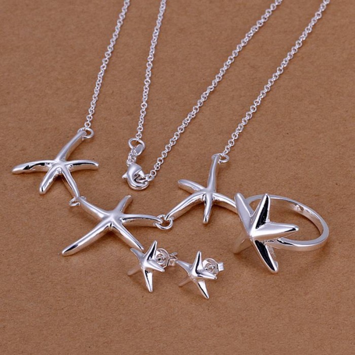 SS174 Silver Starfish Earrings Rings Necklace Jewelry Sets
