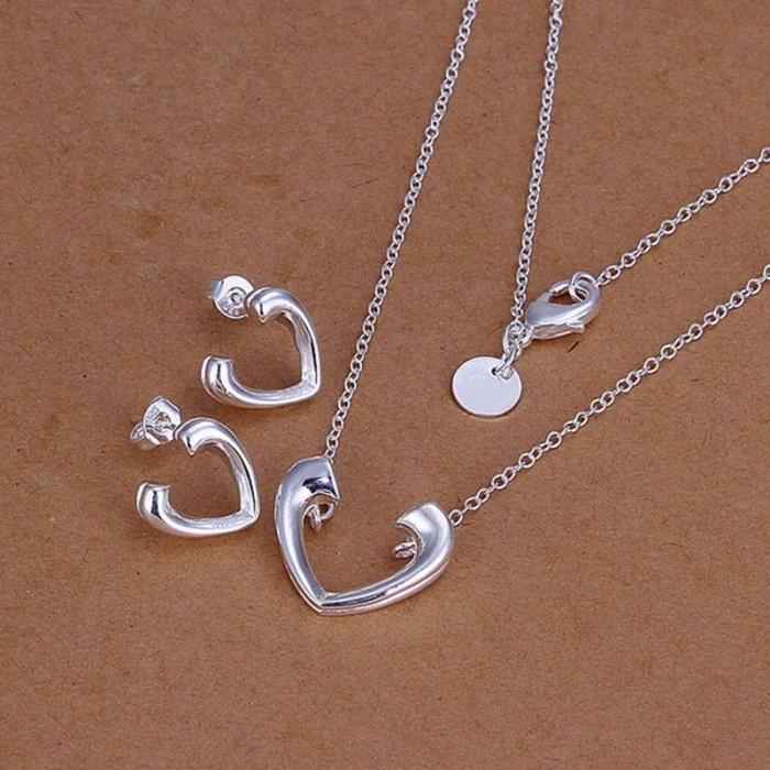 SS177 Silver Open Heart Earrings Necklace Jewelry Sets