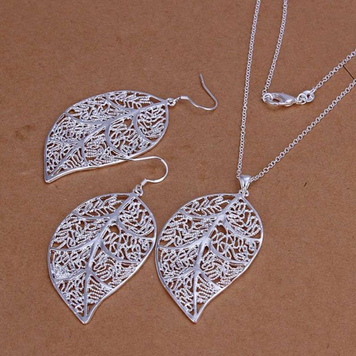 SS180 Silver Leaf Earrings Necklace Jewelry Sets