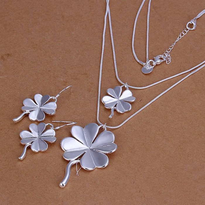 SS184 Silver Flower Earrings Necklace Jewelry Sets