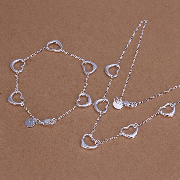 SS186 Silver Heart Bracelet Necklace Jewelry Sets