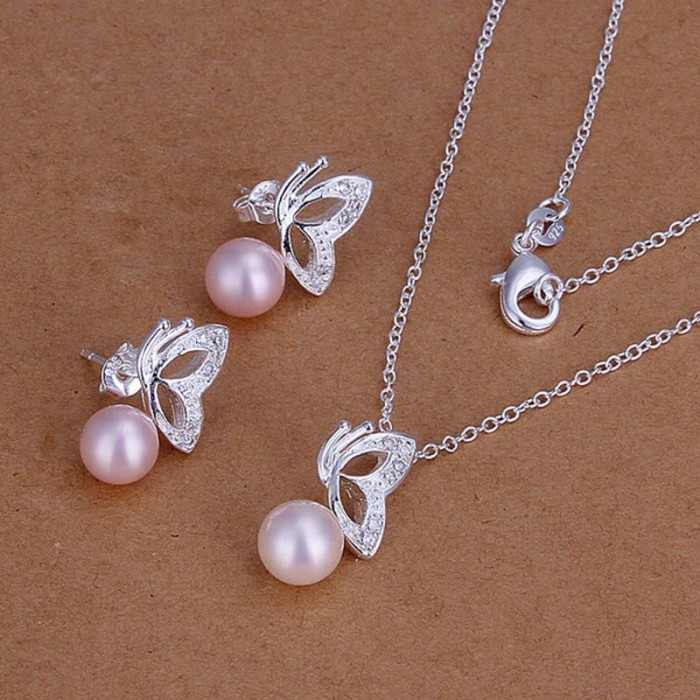 SS197 Silver Crystal Butterfly Earrings Necklace Pink Pearl Jewelry Sets