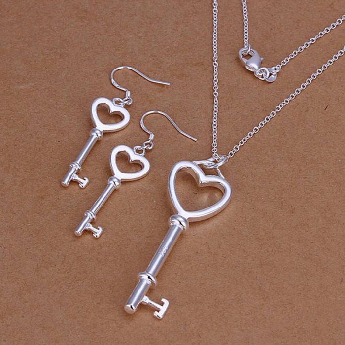 SS199 Silver Key Earrings Necklace Jewelry Sets