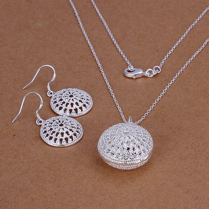 SS202 Silver Round Earrings Necklace Jewelry Sets