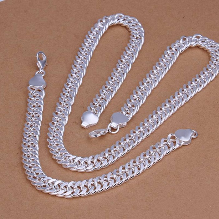 SS208 Silver 10MM Chain Bracelet Necklace Men Jewelry Sets