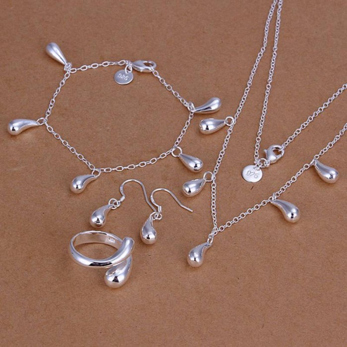 SS217 Silver Waterdrop Bracelet Earrings Rings Necklace Jewelry Sets