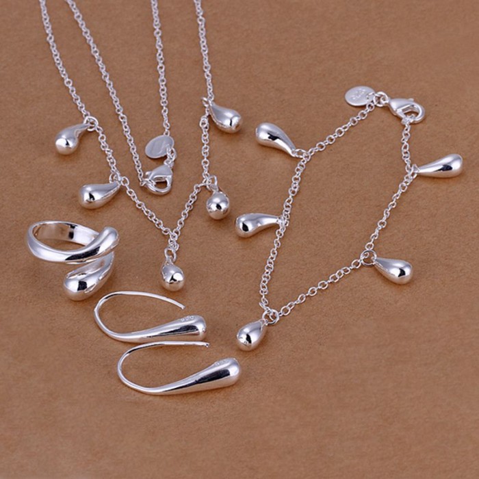 SS218 Silver Waterdrop Bracelet Earrings Rings Necklace Jewelry Sets