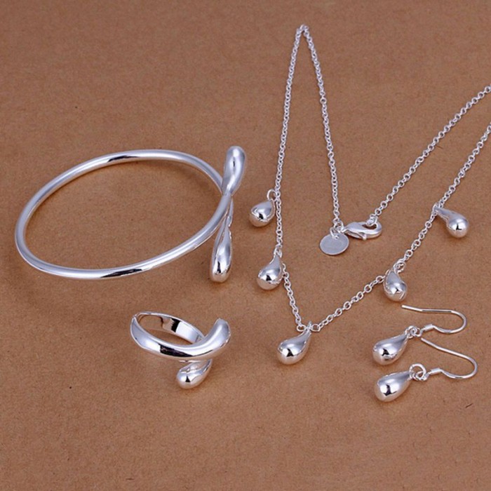 SS220 Silver Waterdrop Bracelet Earrings Rings Necklace Jewelry Sets