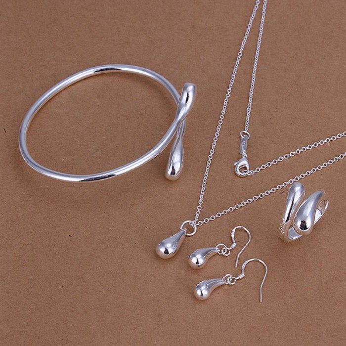 SS221 Silver Waterdrop Bracelet Earrings Rings Necklace Jewelry Sets