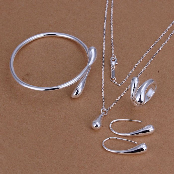 SS222 Silver Waterdrop Bracelet Earrings Rings Necklace Jewelry Sets