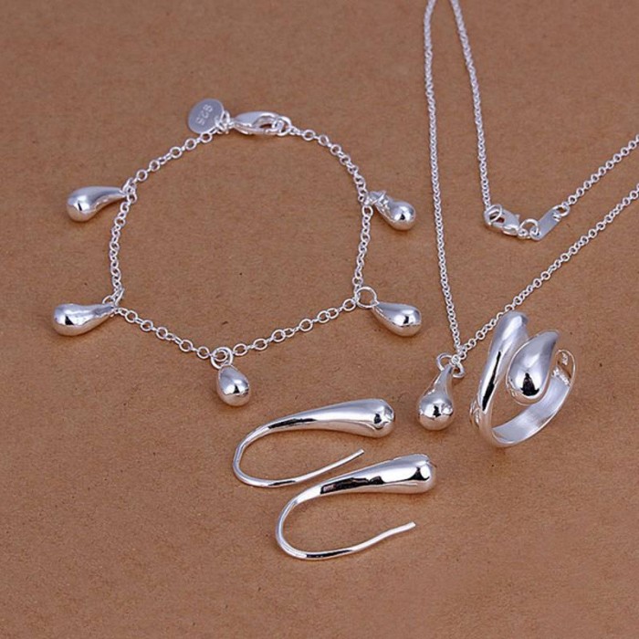 SS223 Silver Waterdrop Bracelet Earrings Rings Necklace Jewelry Sets