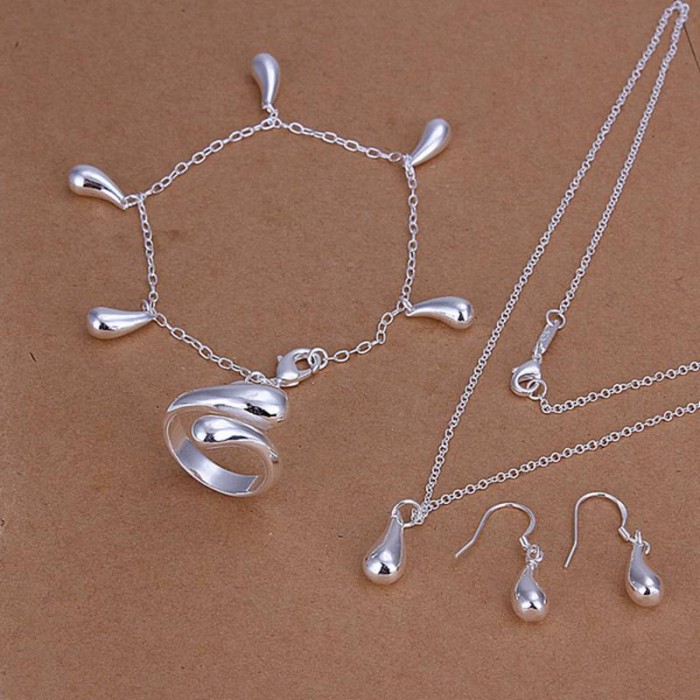 SS224 Silver Waterdrop Bracelet Earrings Rings Necklace Jewelry Sets