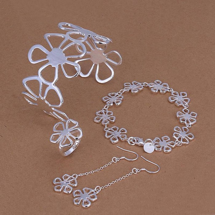 SS235 Silver Flower Bracelet Earrings Rings Necklace Jewelry Sets