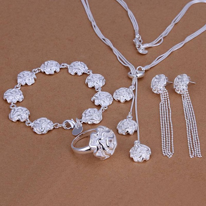 SS241 Silver Rose Bracelet Earrings Rings Necklace Jewelry Sets