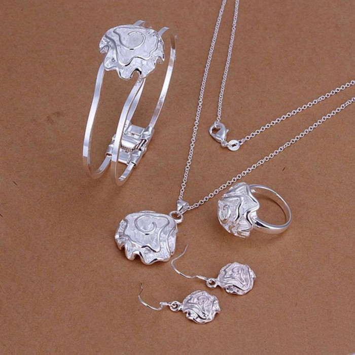 SS243 Silver Rose Bracelet Earrings Rings Necklace Jewelry Sets