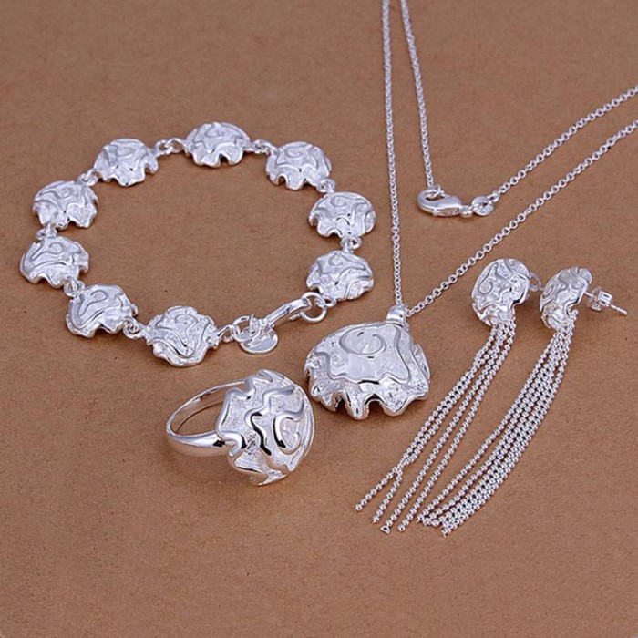 SS244 Silver Rose Bracelet Earrings Rings Necklace Jewelry Sets