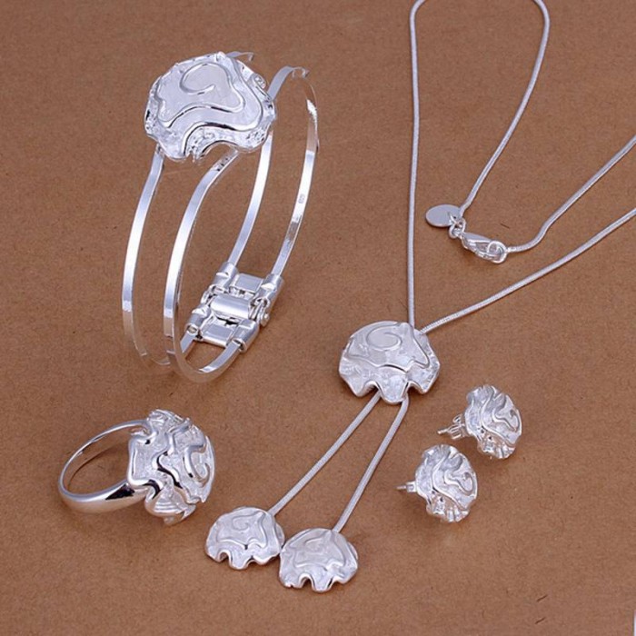 SS245 Silver Rose Bracelet Earrings Rings Necklace Jewelry Sets