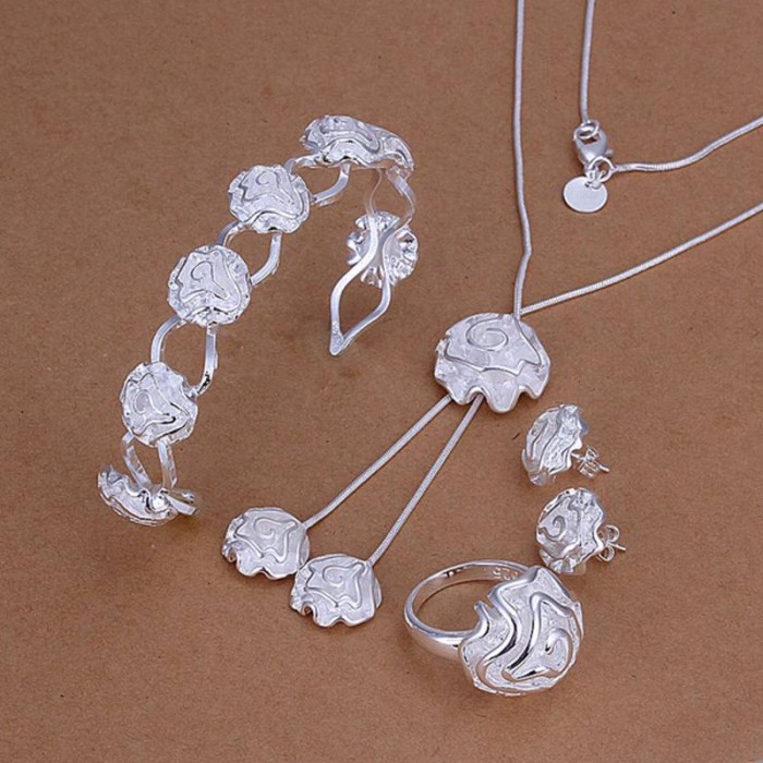 SS246 Silver Rose Bracelet Earrings Rings Necklace Jewelry Sets