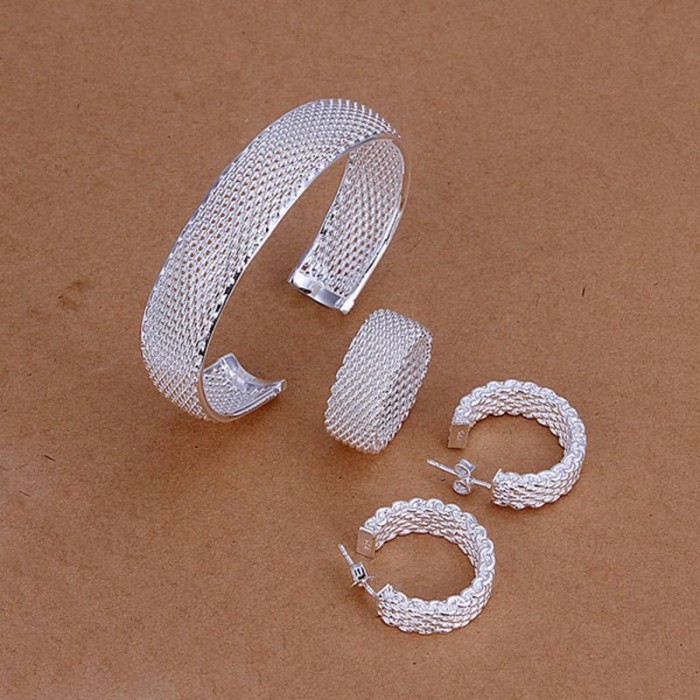 SS249 Silver Mesh Bracelet Earrings Rings Jewelry Sets