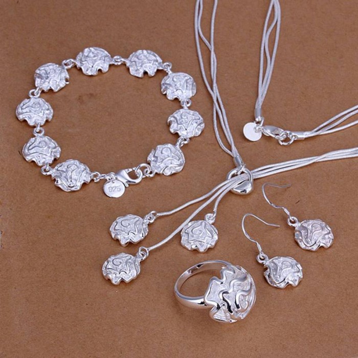 SS267 Silver Rose Bracelet Earrings Rings Necklace Jewelry Sets