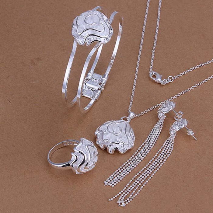 SS269 Silver Rose Bracelet Earrings Rings Necklace Jewelry Sets