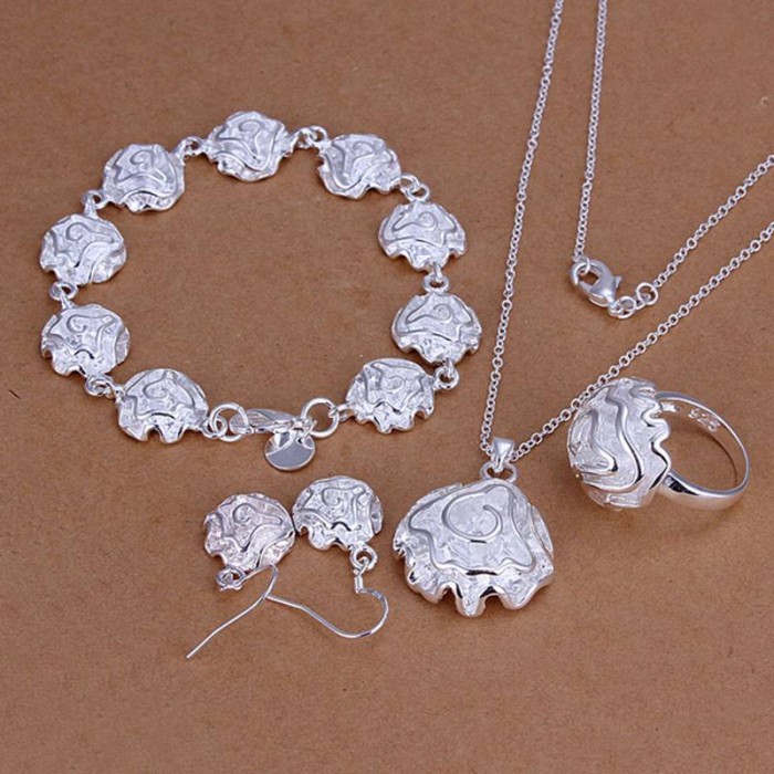 SS270 Silver Rose Bracelet Earrings Rings Necklace Jewelry Sets