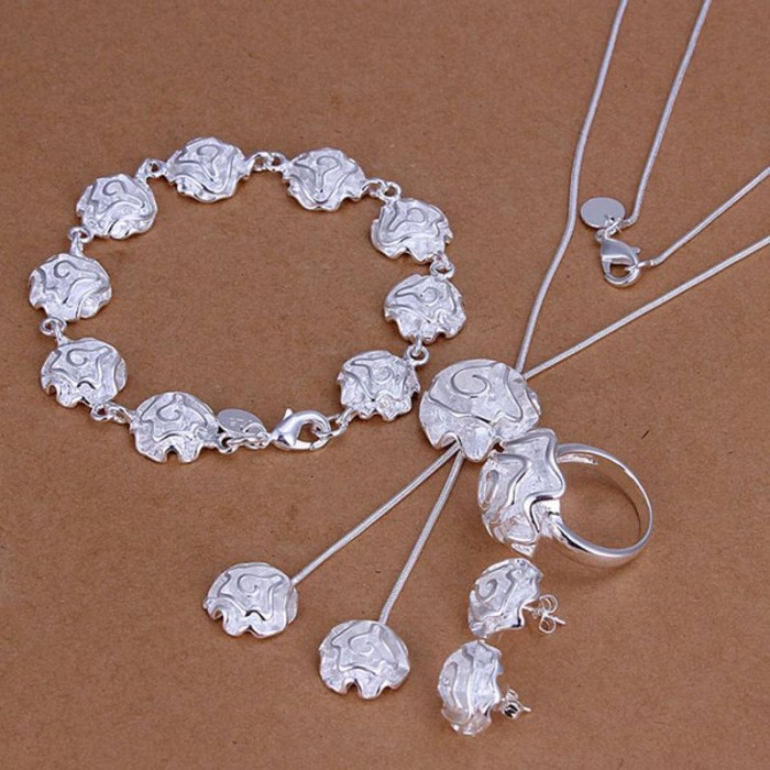 SS271 Silver Rose Bracelet Earrings Rings Necklace Jewelry Sets