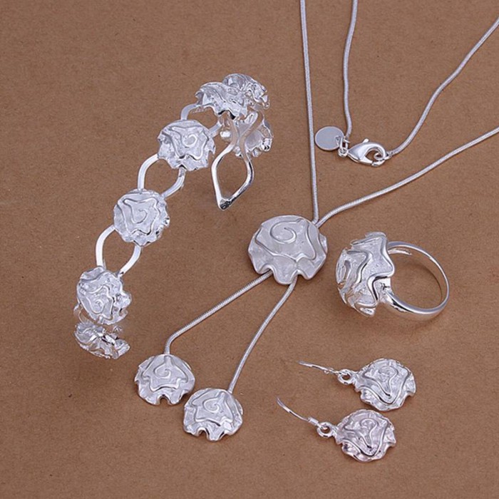 SS272 Silver Rose Bracelet Earrings Rings Necklace Jewelry Sets