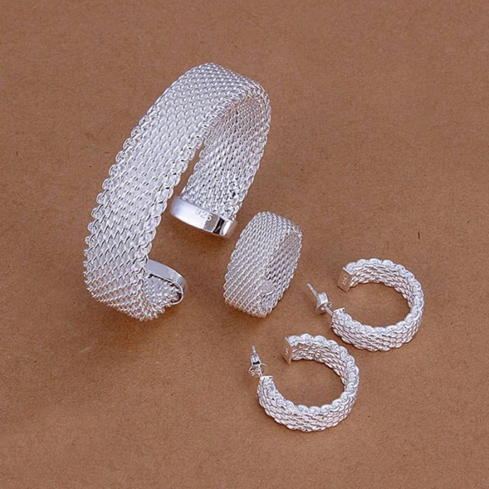 SS275 Silver Mesh Bracelet Earrings Rings Jewelry Sets