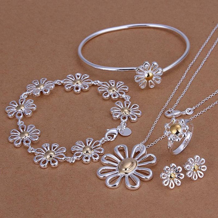 SS288 Silver Gold Mum 2Bracelet Earrings Rings Necklace Jewelry Sets