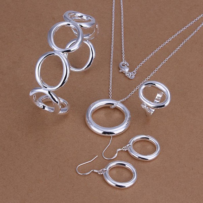 SS293 Silver O Bracelet Earrings Rings Necklace Jewelry Sets