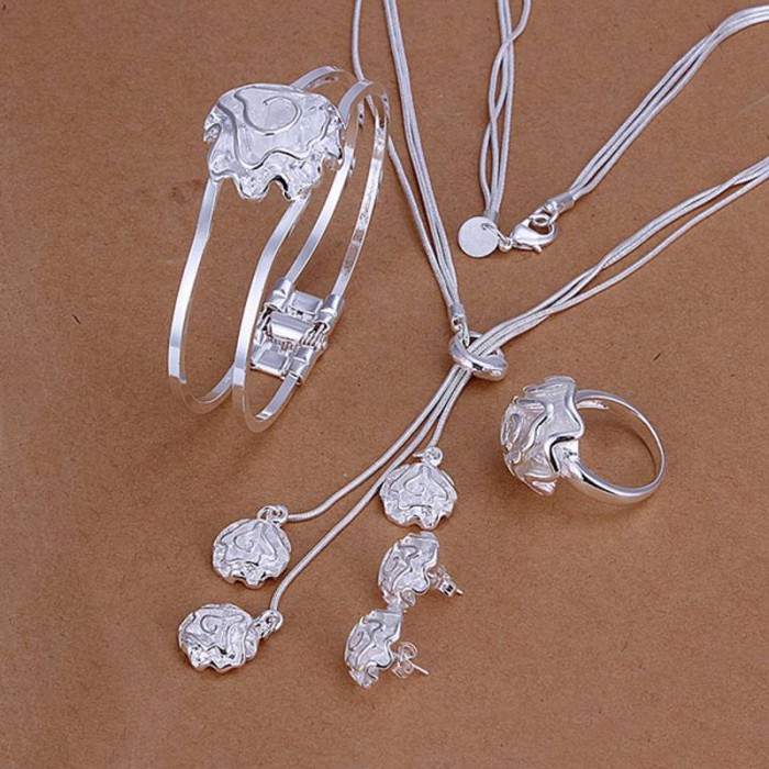 SS294 Silver Rose Bracelet Earrings Rings Necklace Jewelry Sets