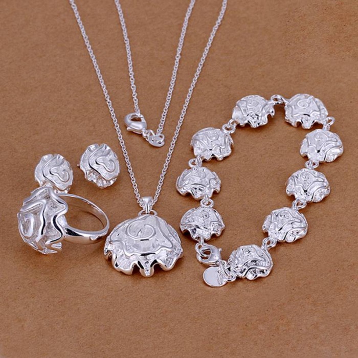 SS296 Silver Rose Bracelet Earrings Rings Necklace Jewelry Sets