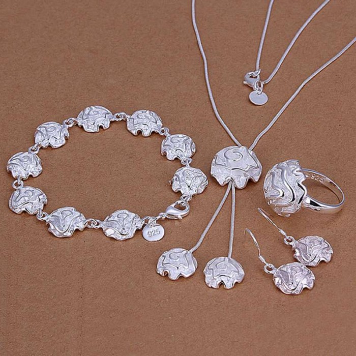 SS297 Silver Rose Bracelet Earrings Rings Necklace Jewelry Sets