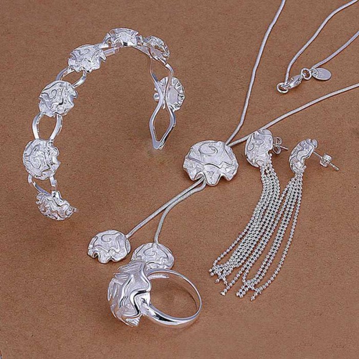 SS298 Silver Rose Bracelet Earrings Rings Necklace Jewelry Sets