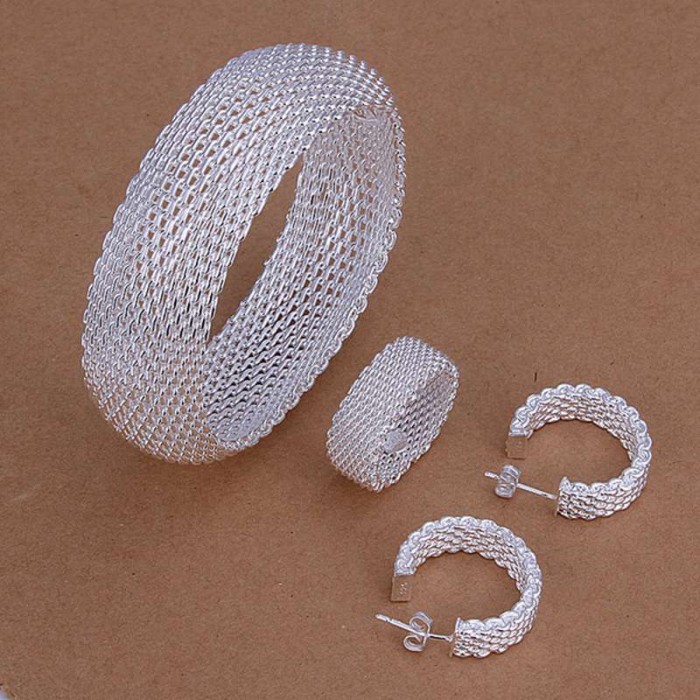 SS301 Silver Mesh Bracelet Earrings Rings Jewelry Sets