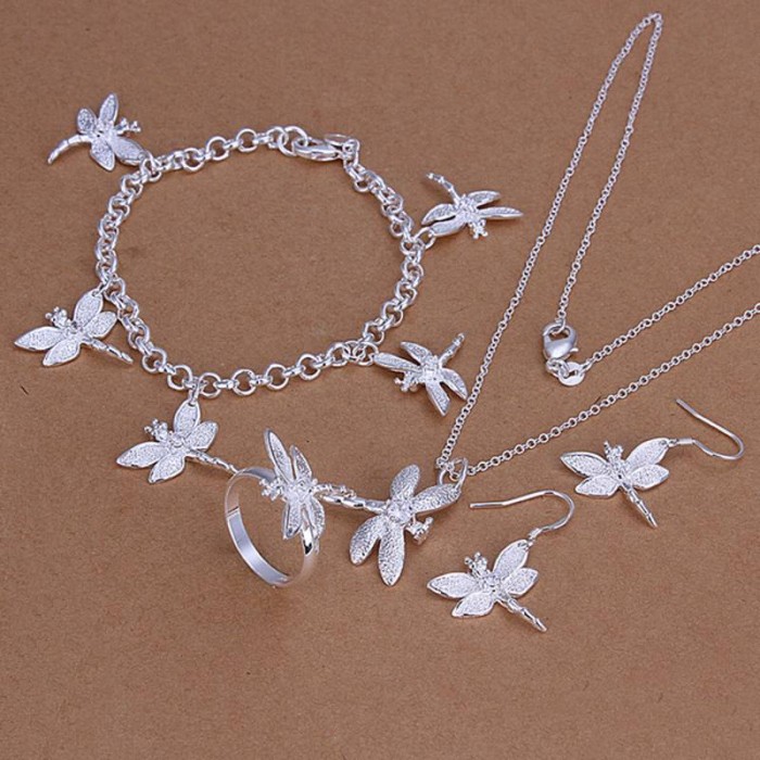 SS302 Silver Crystal Dragonfly Bracelet Earrings Rings Necklace Jewelry Sets