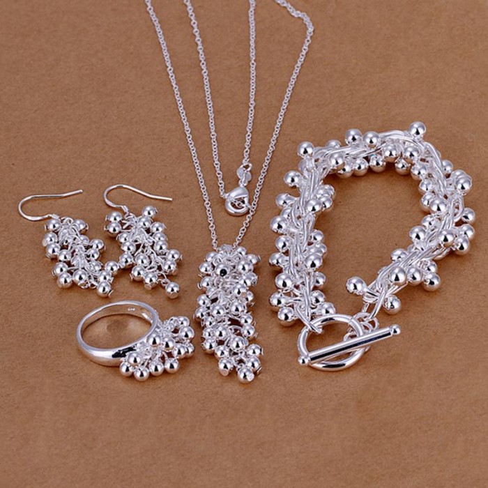 SS303 Silver Grape Bracelet Earrings Rings Necklace Jewelry Sets