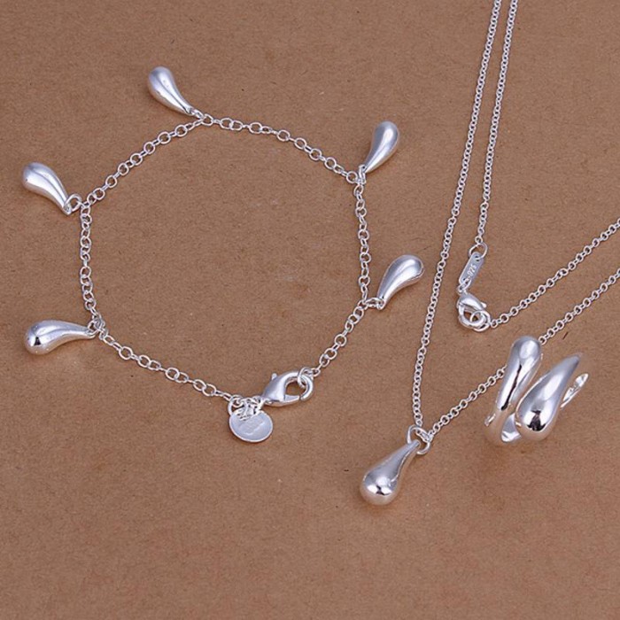 SS305 Silver Waterdrop Bracelet Rings Necklace Jewelry Sets