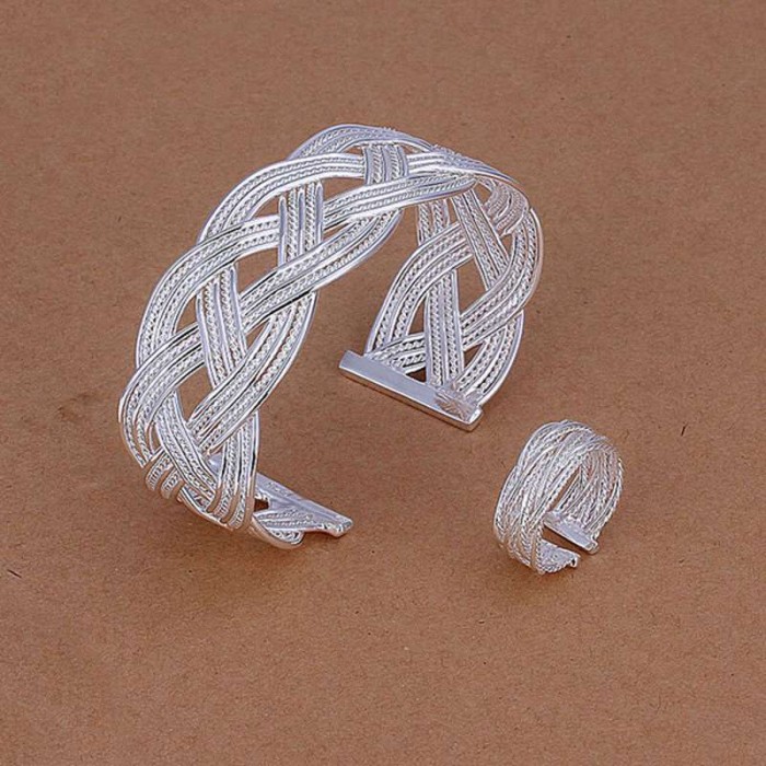 SS310 Silver Weave Bracelet Rings Jewelry Sets