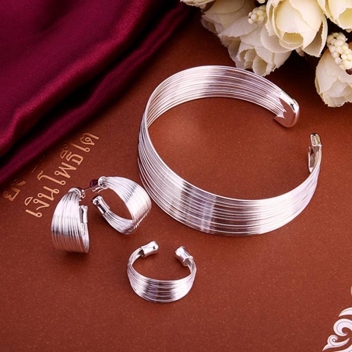 SS312 Silver Lines Bracelet Earrings Rings Jewelry Sets