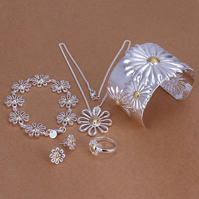 SS314 Silver Gold Mum 2Bracelet Earrings Rings Necklace Jewelry Sets
