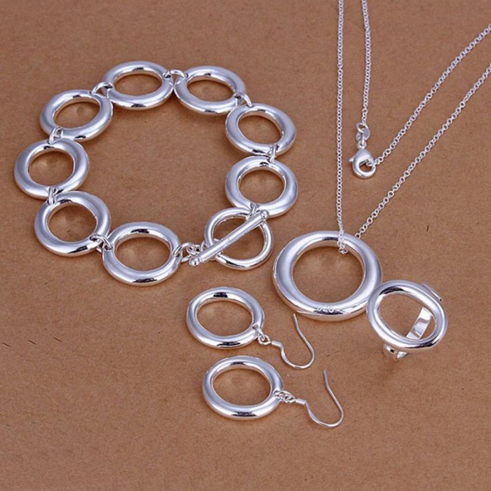 SS319 Silver O Bracelet Earrings Rings Necklace Jewelry Sets