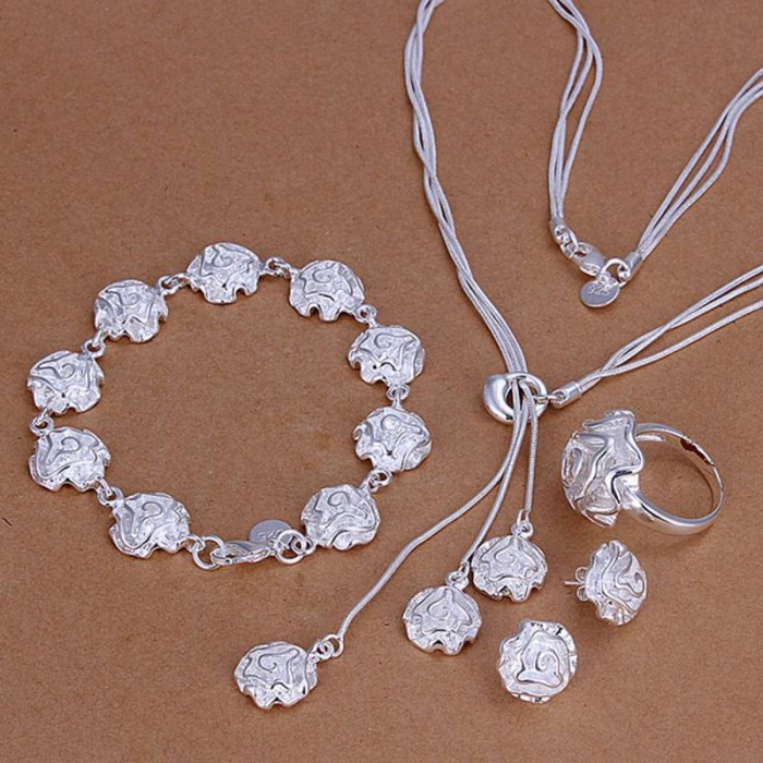SS320 Silver Flower Bracelet Earrings Rings Necklace Jewelry Sets