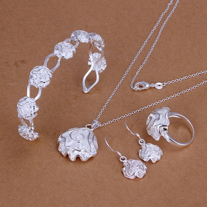 SS321 Silver Flower Bracelet Earrings Rings Necklace Jewelry Sets